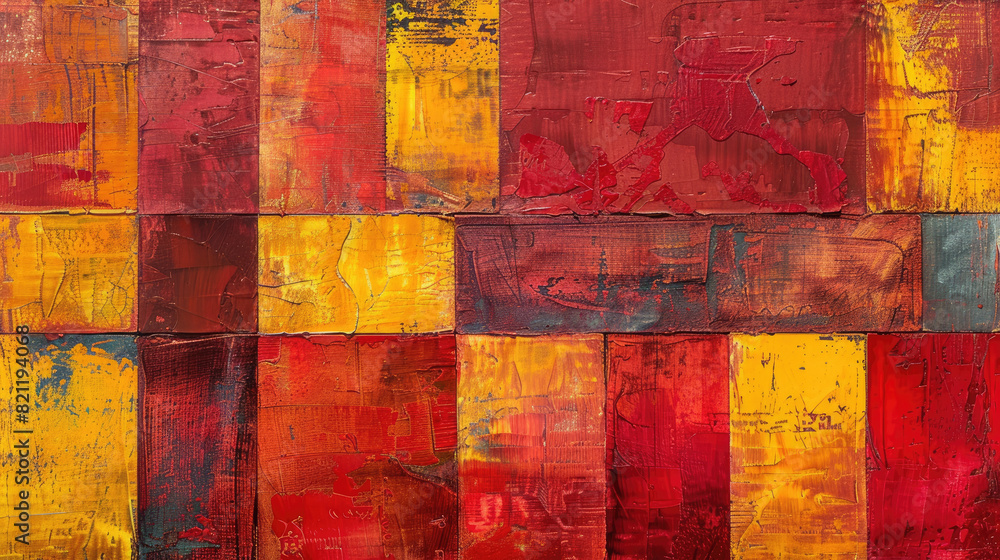 Poster modern abstract art with bold red and yellow blocks. this vivid and textured composition captures ar