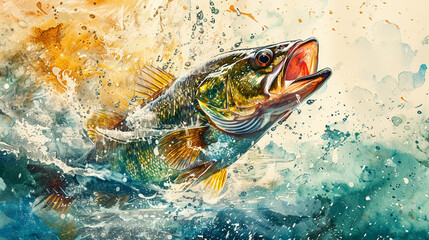 Vivid watercolor depiction of a fish leaping out of water, showcasing vibrant colors and dynamic motion in aquatic art.