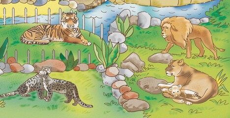 Cartoon animals and lion in the zoo