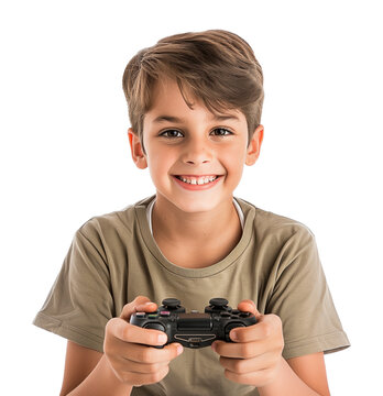 Happy Kid Gamer Holding a Game Console Controller Playing Game Isolated on Transparent Background
