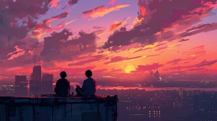 Fototapeta premium Friends relaxing on a city rooftop with a view