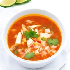 Chicken tortilla soup in bowl, plate 