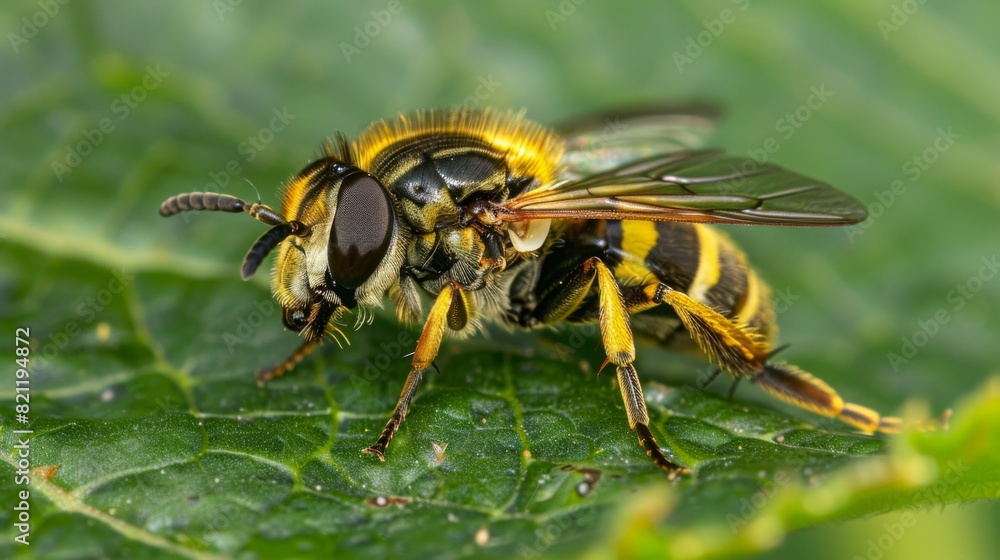 Poster hoverfly resting on a leaf, looking like a small bee with its striped body.