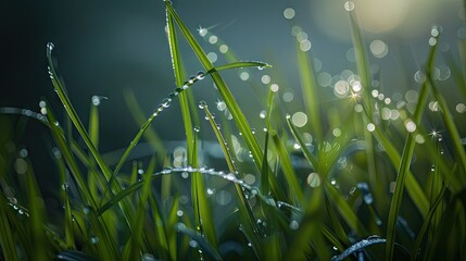 Glistening Dewdrops: A Close-Up of Lush Grass With Water Droplets