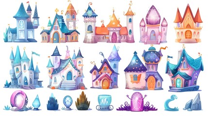 Naklejka premium Enchanting Collection of Whimsical Fairytale Castles and Quaint Historic European Village Dwellings with Vibrant Watercolor