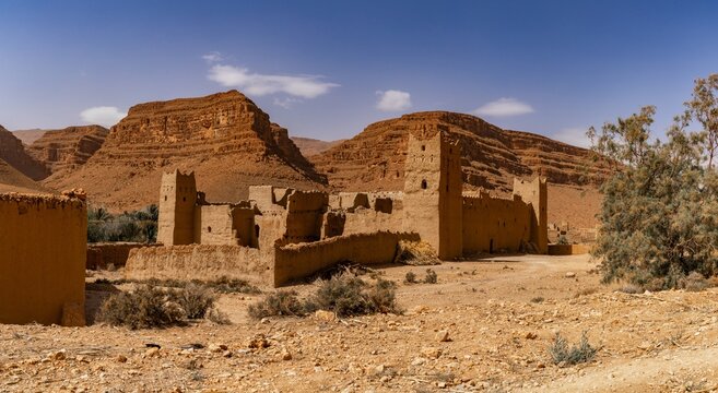 typical Moroccan adobe ksar in the Ziz Valley in the high Atlas near Achbaro