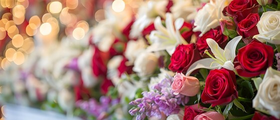 Fototapeta premium A lovely dark wood coffin adorned with roses, lilies, and carnations creates a lush display. Shot up close, the image captures intricate details, enhanced by soft, diffused light for a warm atmosphere