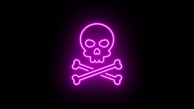 Neon skull crossbones icon animation, slow blink. Glowing neon jolly roger sign, looped slow flashing animation. Pirate skull emoji, corsair cranium, danger, death warning, skeleton. Sequence 9 colors