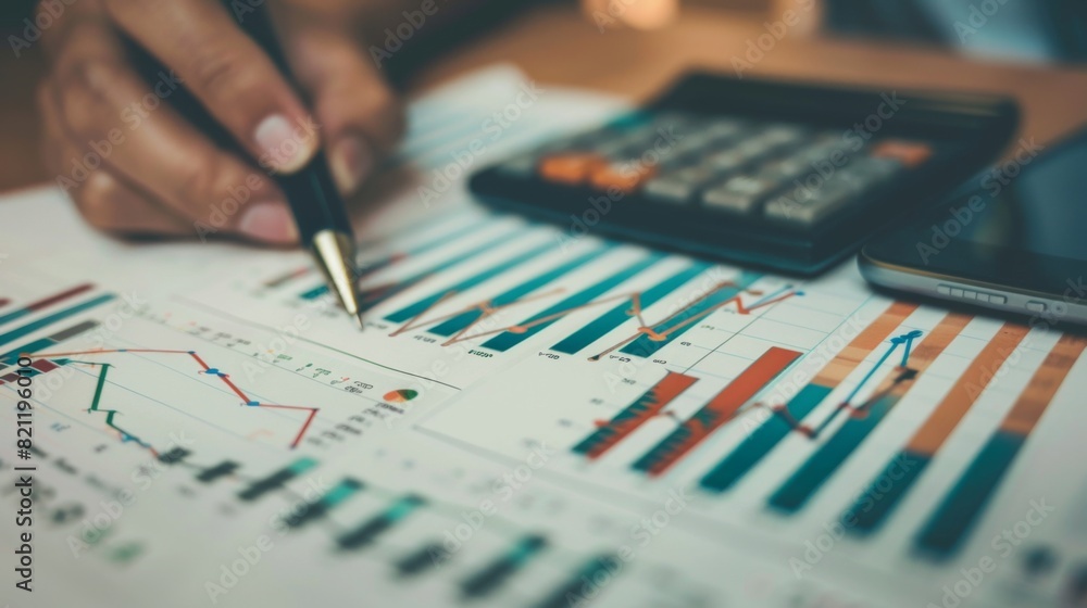 Poster investor reviewing a printed stock chart report with pen and calculator on the desk.