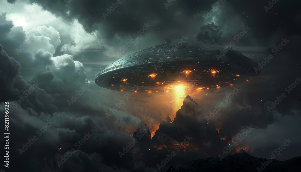 Wall mural a large spaceship is flying through a cloudy sky by ai generated image