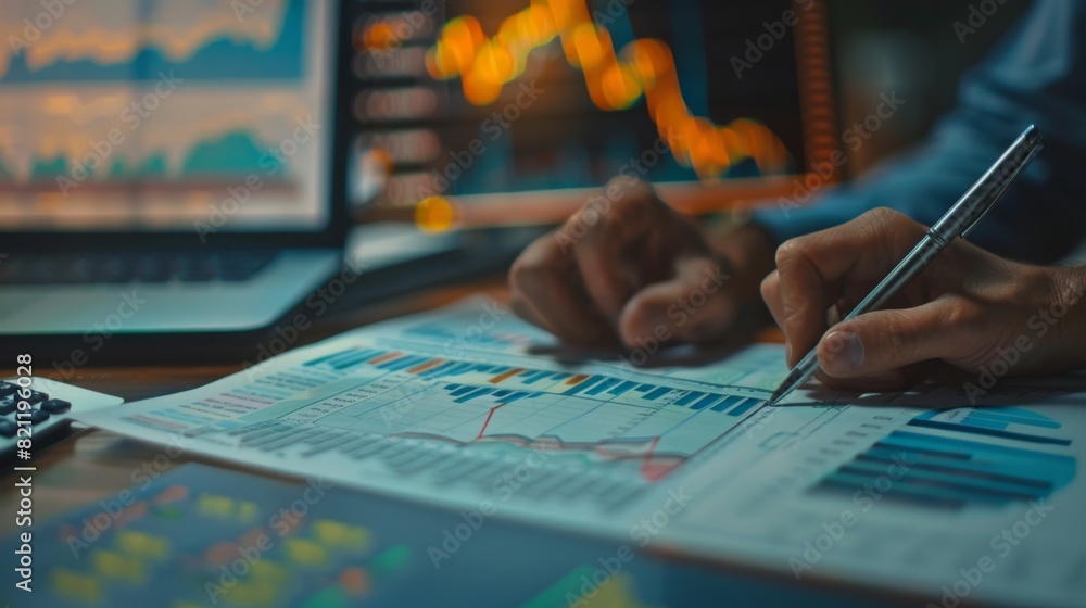 Poster investor reviewing a printed stock chart report with pen and calculator on the desk.