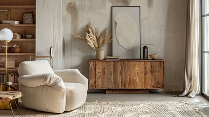Modern living space with a comfortable armchair and stylish wooden cabinet warm tones minimalist decor cozy feel