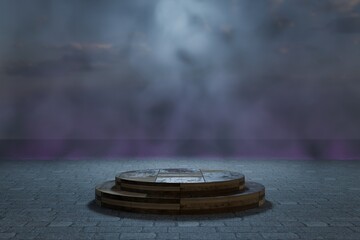 Interior dark room, hangar with concentrate wall and floor, fog and mist environment. 3d render. 