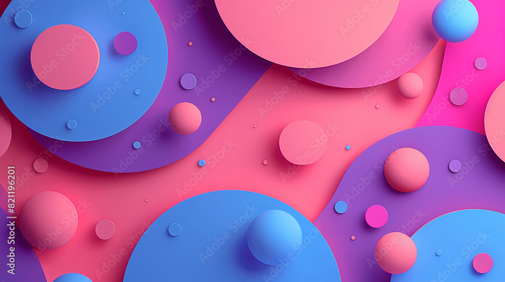 Wall mural 3D abstract background, flat multi-layered circles, pink, purple and blue colors - Wall murals
