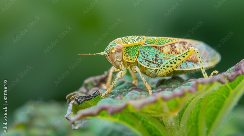 Aufkleber leafhopper insect camouflaged on a leaf with intricate markings.