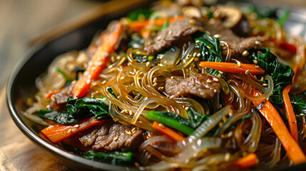Traditional korean japchae: stir-fried glass noodles with sliced beef, spinach, and carrots in a soy-sesame sauce