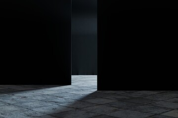 Interior dark room, hangar with concentrate wall and floor, fog and mist environment. 3d render. 