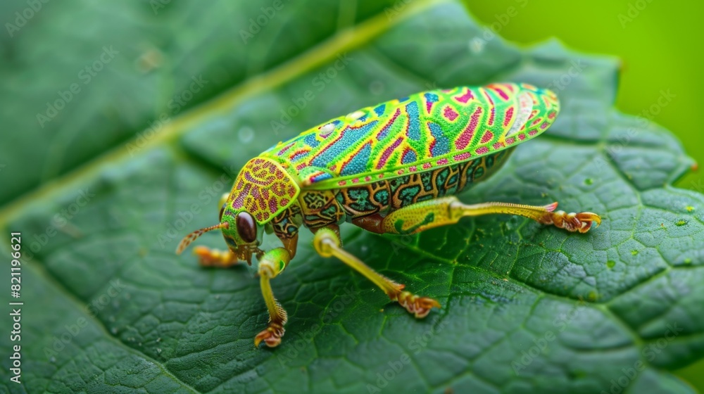 Poster leafhopper insect camouflaged on a leaf with intricate markings.