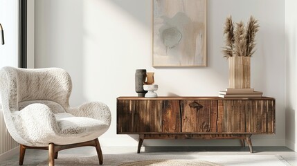 Scandinavianinspired living room featuring a plush armchair and sleek cabinet bright and airy neutral tones