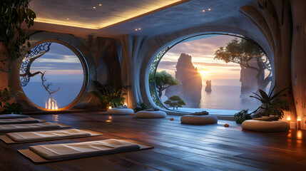 Futuristic Resort with AI Enhanced Yoga Studios Showcasing the Fusion of Technology and Wellness for Ultimate Relaxation