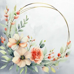  Round frame entwined with peach fuzz linen flowers. Floral background, wedding invitation. Drawing, watercolor