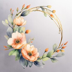  Round frame entwined with peach fuzz linen flowers. Floral background, wedding invitation. Drawing, watercolor