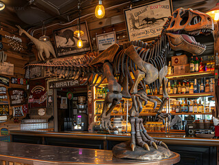 Eclectic Bar Café Interior Featuring Tyrannosaurus Rex Skeleton on Counter Vintage Decor Warm Lighting Rustic Vibe Liquor Stocked Shelves Taxidermy Signs Historical Memorabilia Draft Beers