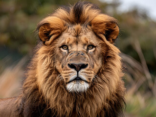 Fototapeta premium Majestic Lion with Thick Mane and Piercing Eyes in Blurred Green and Brown Background Detailed Fur Texture and Regal Wildlife Beauty Captured Perfectly