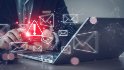 Email inbox alert and spam virus with warning, email security protection alert, new email...