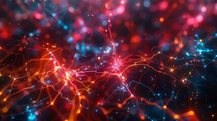 Fototapeta premium Vibrant neural network visualization featuring bright connections and nodes, representing complex data and artificial intelligence in vivid colors.