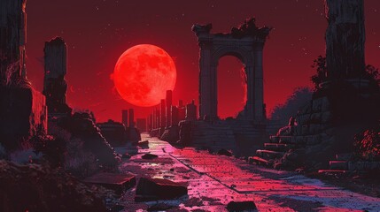 An eerie red moon illuminates ancient ruins under a crimson sky, creating a mysterious and dramatic night landscape.