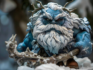 Fototapeta premium Highly Detailed Blue-Skinned Mythical Ice Creature Figurine with Bushy White Beard, Fur-Lined Cloak, and Elaborate Icy Staff, Perfect for Winter-Themed Decor and Collectible Enthusiasts