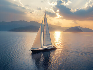 Stunning Seascape at Sunset with Sailboat on Calm Waters, Golden Hues, Serene Coastline, Rolling Hills, and Silhouetted Islands Tranquil and Adventurous Evening Sky with Warm Orange and Pink Tones