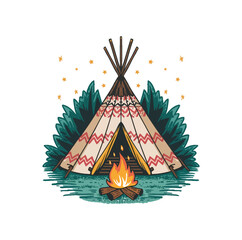 A campfire burning in front of a traditional tipi beneath a few twinkling stars. © Mehedimiad
