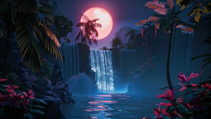 Moonlit Tropical Waterfall