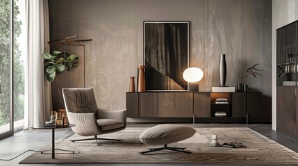 Contemporary interior with a plush armchair and sleek cabinet soft pastel colors modern design ambient lighting