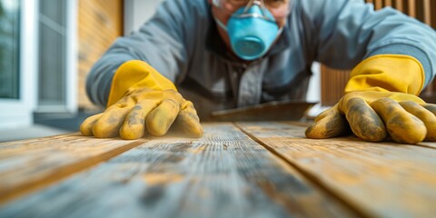 Close-up of carpenter's hands wearing yellow safety gloves as he saws through wooden planks on a workbench