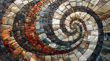 Fototapeta premium Abstract mosaic spiral pattern with earthy tones and glossy tiles, creating a hypnotic visual effect. Perfect background for artistic designs.