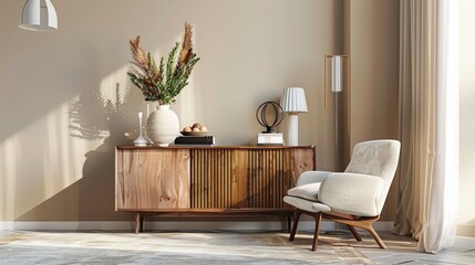 Stylish living space featuring a chic armchair and elegant wooden cabinet minimalist decor warm tones cozy and inviting