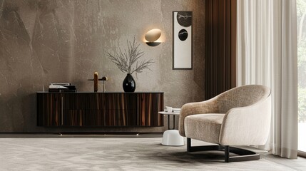 Contemporary interior with a plush armchair and sleek cabinet soft pastel colors modern design ambient lighting