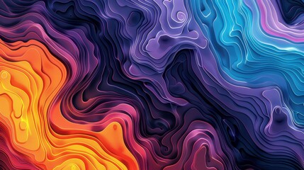 Obraz premium Modern concept art featuring a topographical map effect with random tempera color blending, glowing and liquid