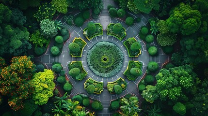Aerial view of a circular garden design with lush green trees and pathways, creating a symmetrical and tranquil natural landscape.