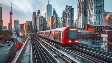 Fototapeta premium Modern city skyline with an electric train passing in the foreground.