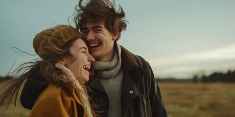 A happy pair shares a lighthearted moment in an open field, showcasing their joyous laughter and genuine connection