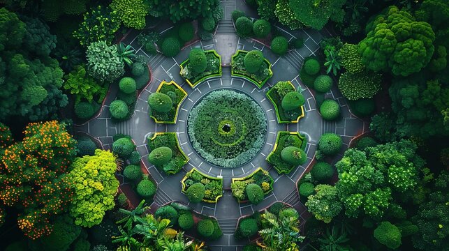 Aerial view of a circular garden design with lush green trees and pathways, creating a symmetrical and tranquil natural landscape.