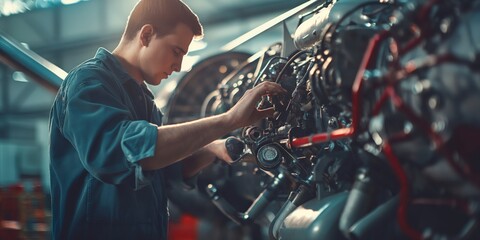 A skilled mechanic in a blue jumpsuit is meticulously working on the complex engine of an aircraft in an industrial hangar