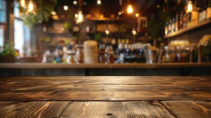 empty wooden tabletop with a blurred background of a bustling restaurant, perfect for showcasing...