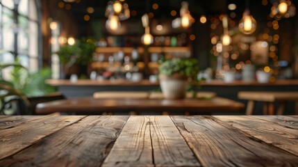 empty wooden tabletop with a blurred background of a bustling restaurant, perfect for showcasing food and drinks