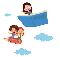 little kid riding a book and fly