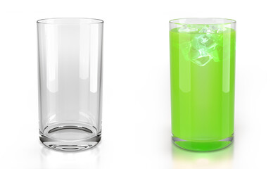 Set of glasses of fruit juice on white background. One clear empty glass and one glass with green juice and ice cubes. 3d illustration